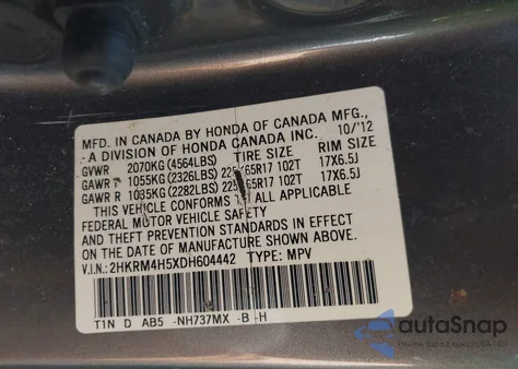 2013 Honda Cr-V Ex из США, поврежденный, VIN 2HKRM4H5XDH604442